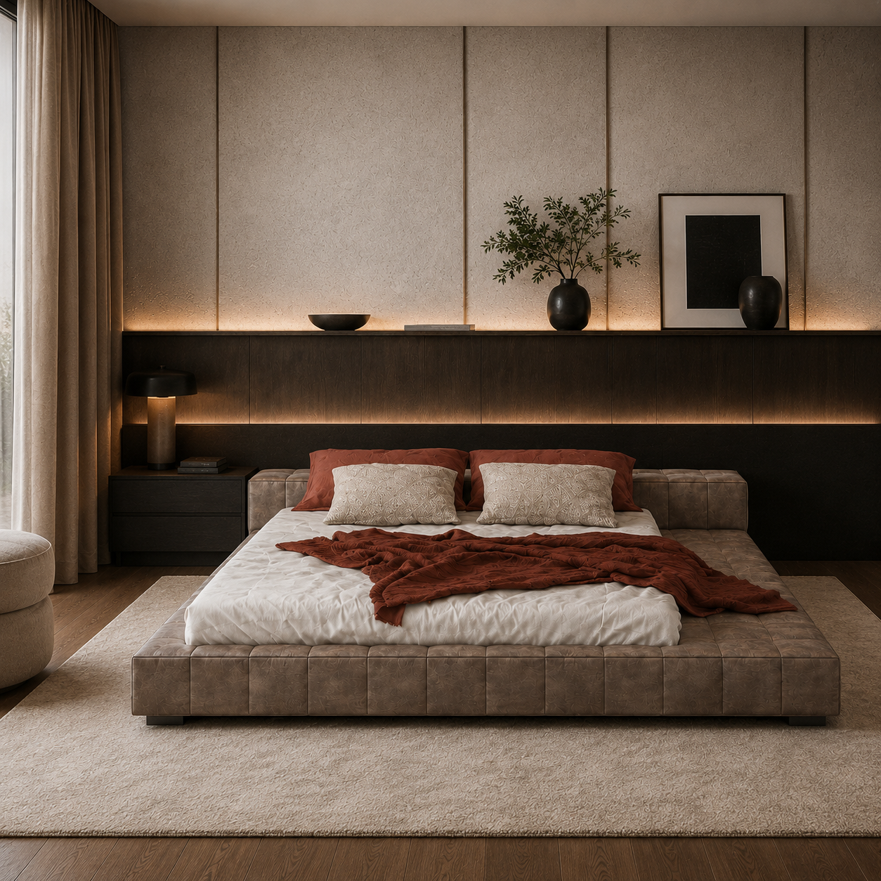 Taupe Leather Platform Bed – Block Frame 3D Model 2