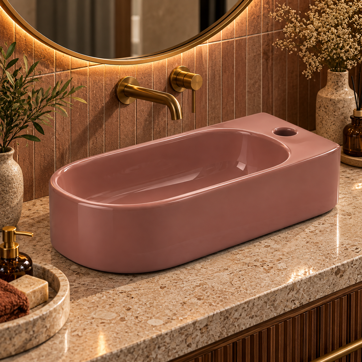 Dusty Rose Glossy Oval Rectangular Washbasin 3D Model 4