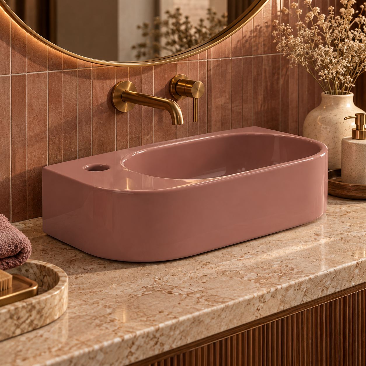 Dusty Rose Glossy Oval Rectangular Washbasin 3D Model 2