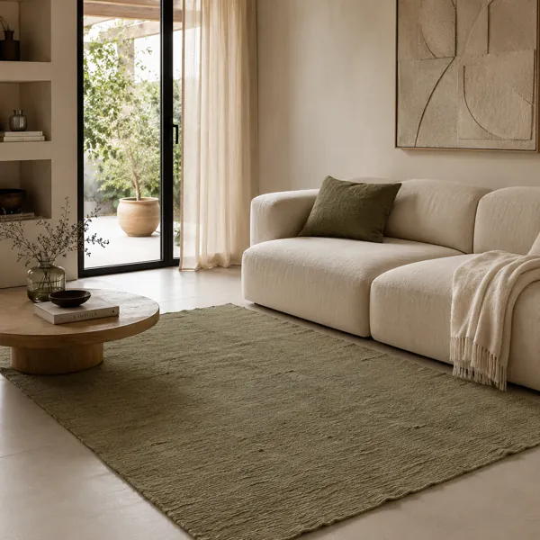 Minimalist Olive Green Rug – Subtle Linear Weave back