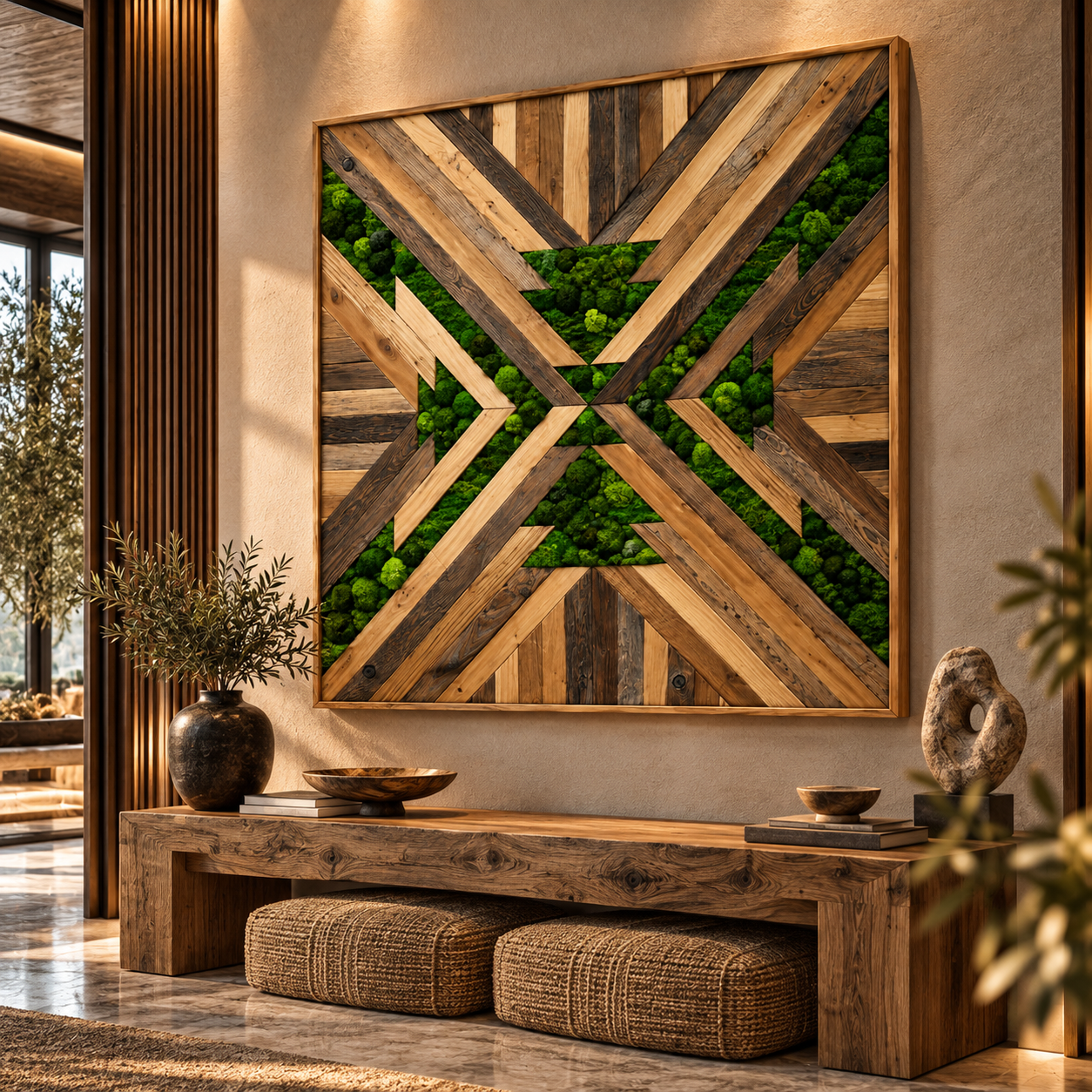 Rustic Geometric Wood and Green Moss Wall Art 3D Model 4