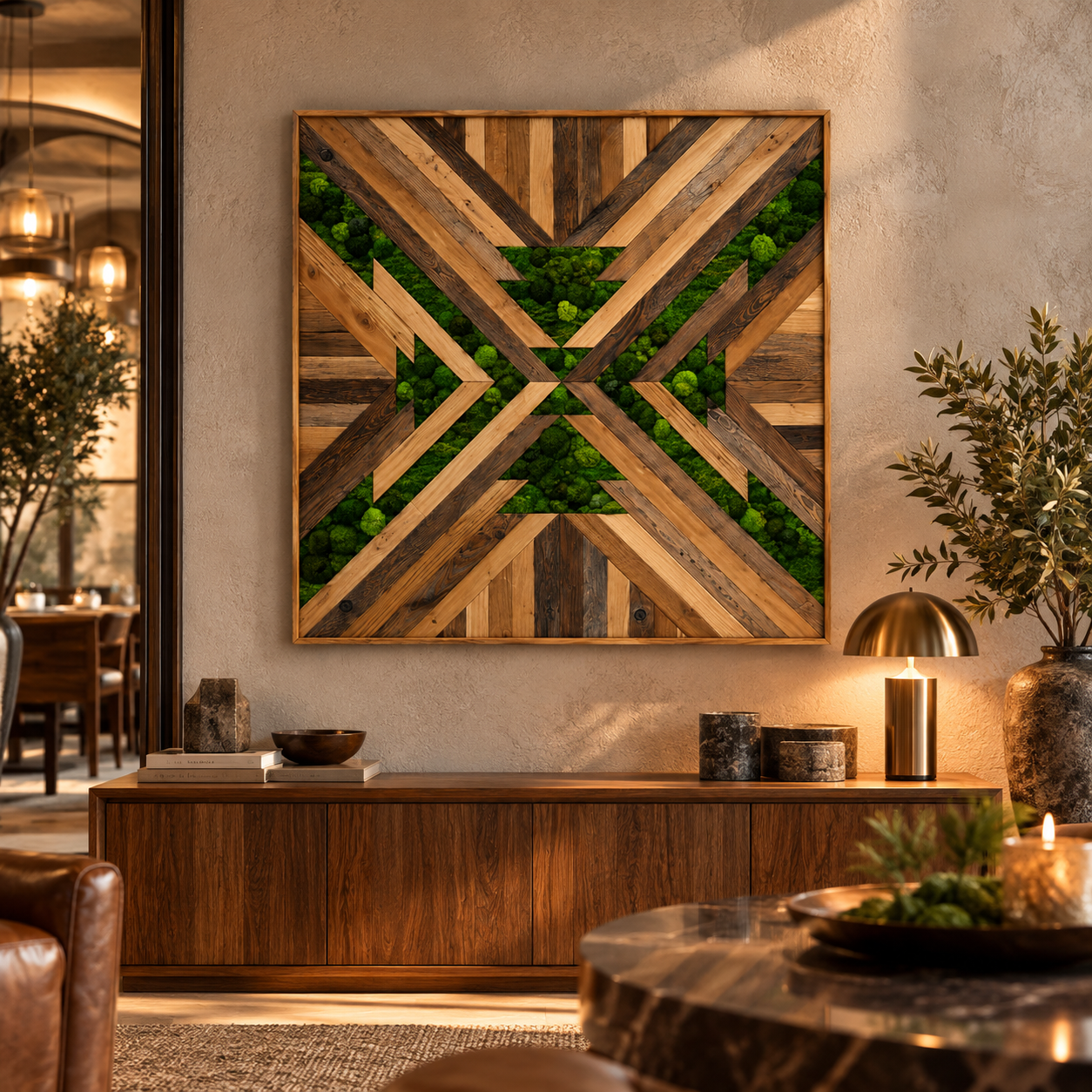Rustic Geometric Wood and Green Moss Wall Art 3D Model 2