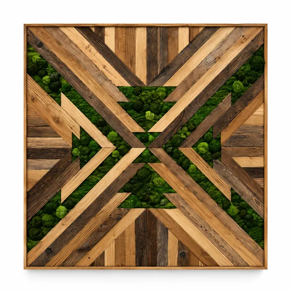 Rustic Geometric Wood and Green Moss Wall Art 3D Model