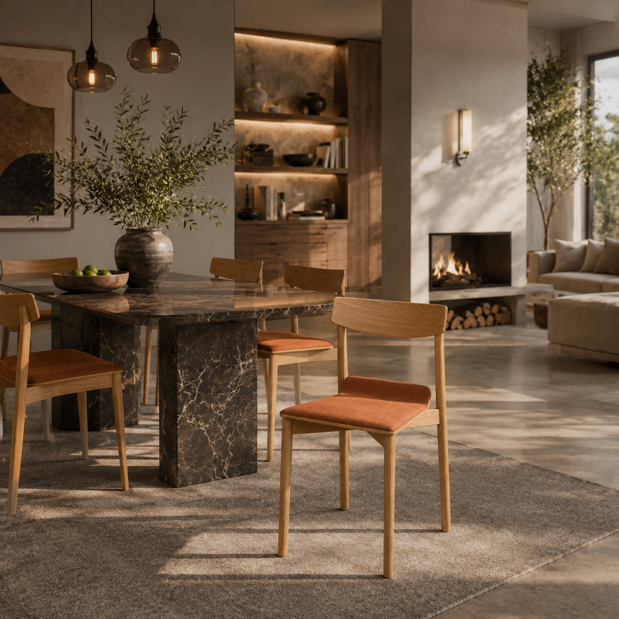 Light Wood Chair – Terracotta Fabric Seat 3D Model 4