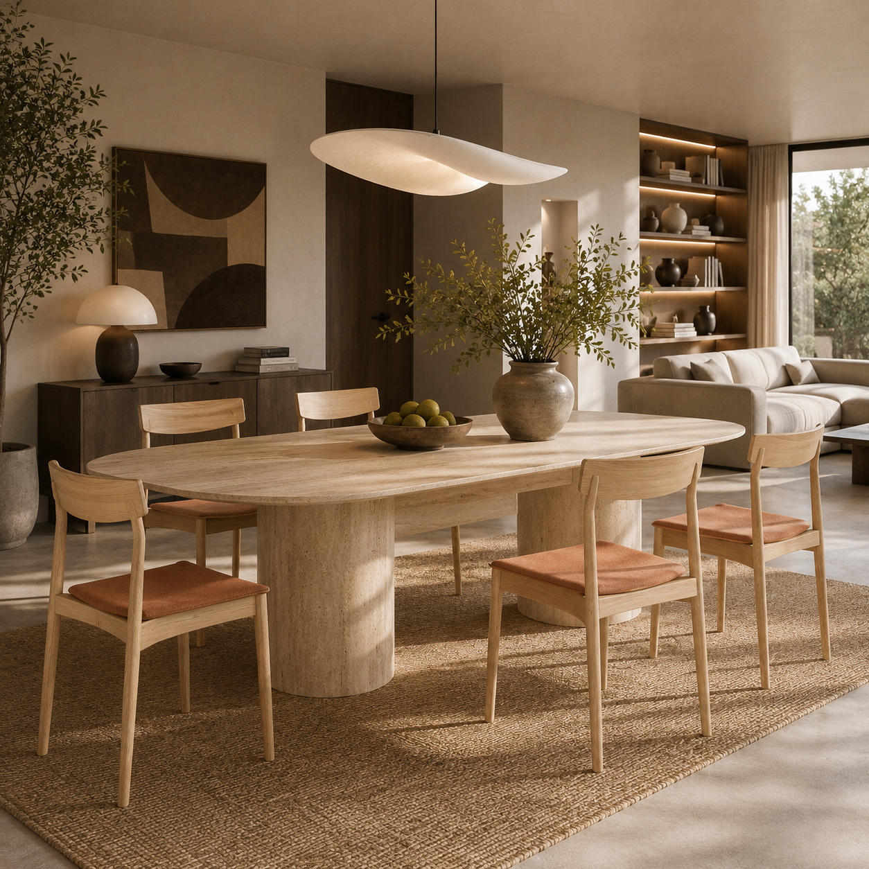 Light Wood Chair – Terracotta Fabric Seat 3D Model 2