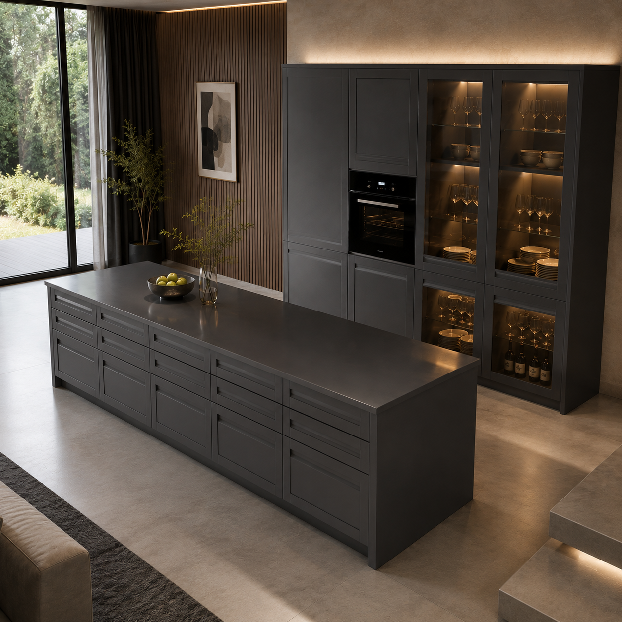 Charcoal Full Kitchen – Illuminated Glass Display Cabinets 3D Model 3
