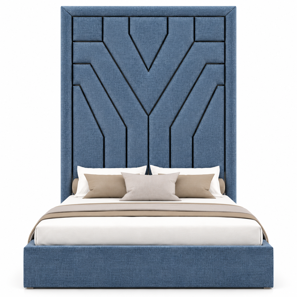Blue Geometric Tall Headboard Bed 3D Model 3