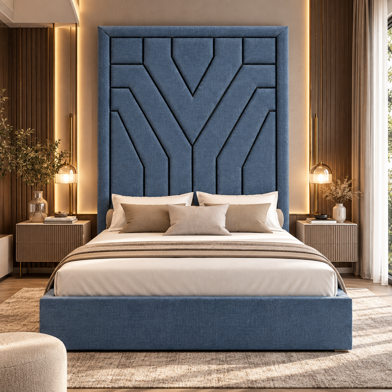 Blue Geometric Tall Headboard Bed 3D Model 4