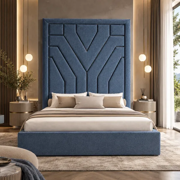 Blue Geometric Tall Headboard Bed 3D Model back