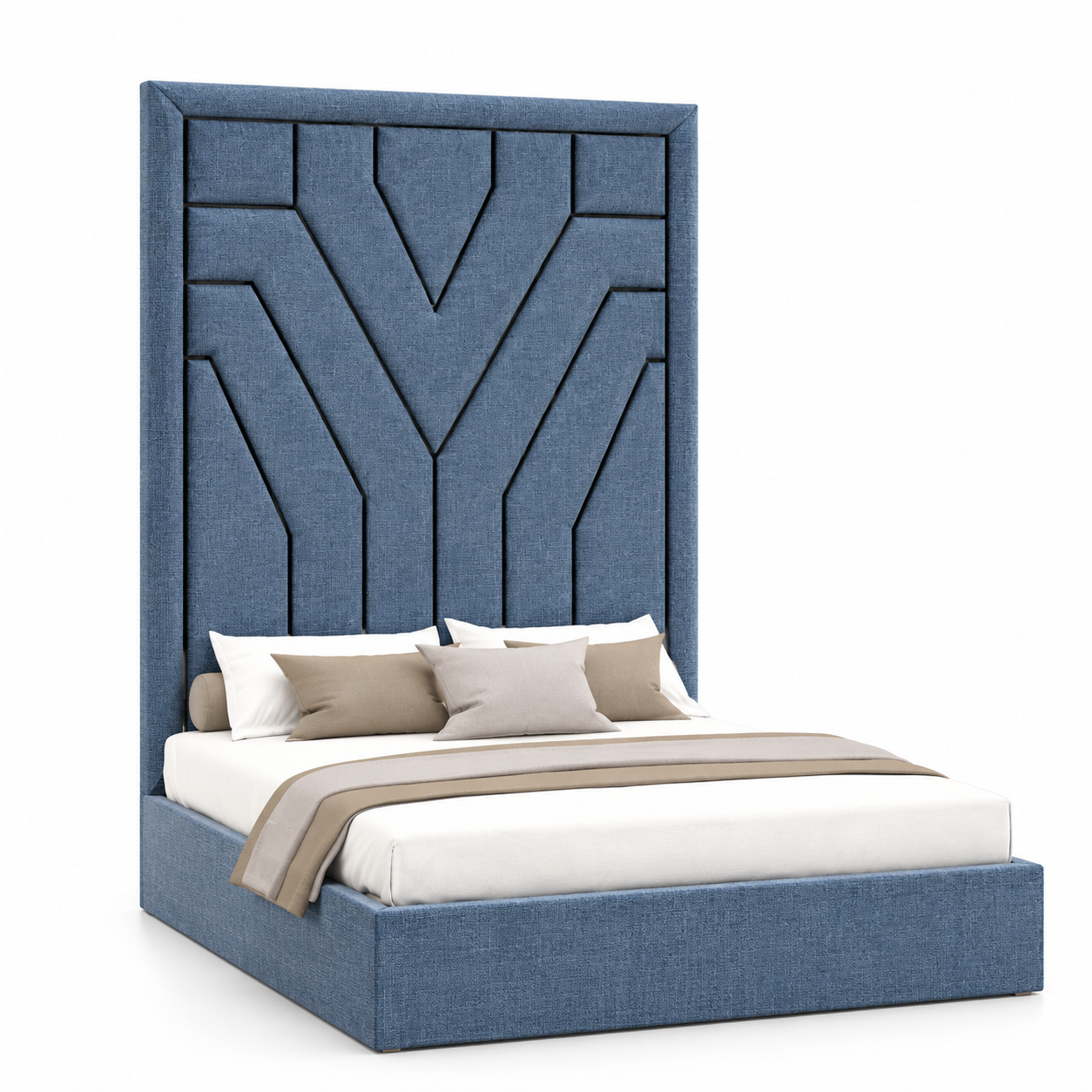 Blue Geometric Tall Headboard Bed 3D Model 1