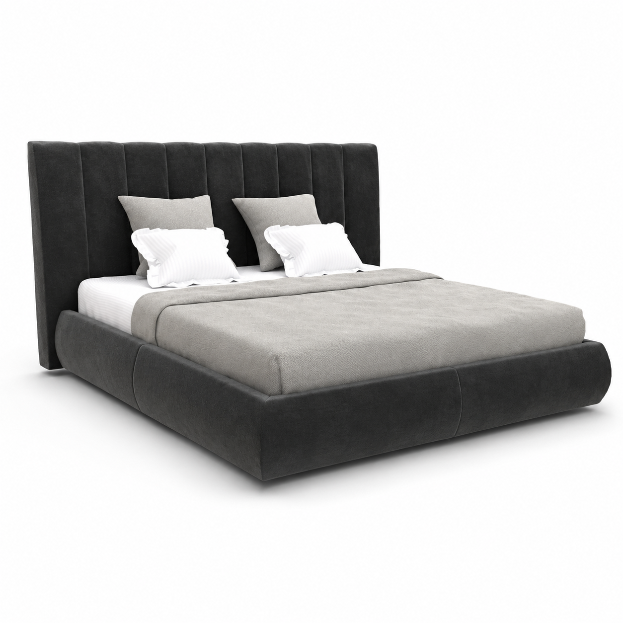 Charcoal Upholstered Bed – Vertical Channel Headboard 3D Model 1