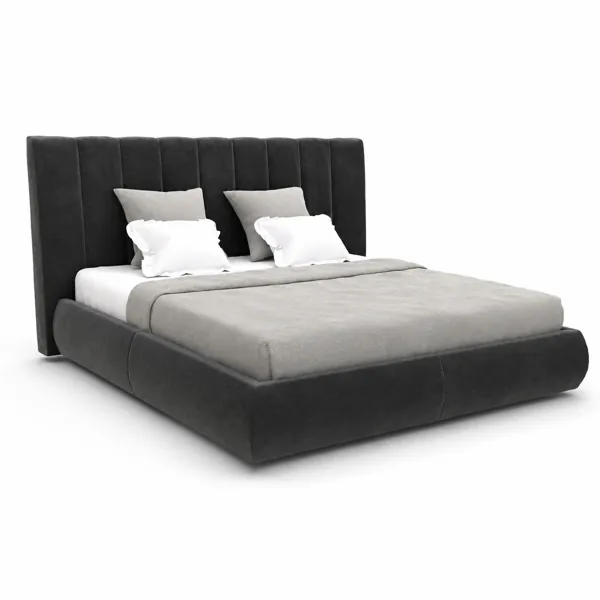 Charcoal Upholstered Bed – Vertical Channel Headboard 3D Model