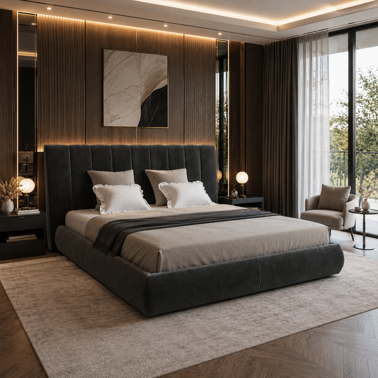 Charcoal Upholstered Bed – Vertical Channel Headboard 3D Model 2