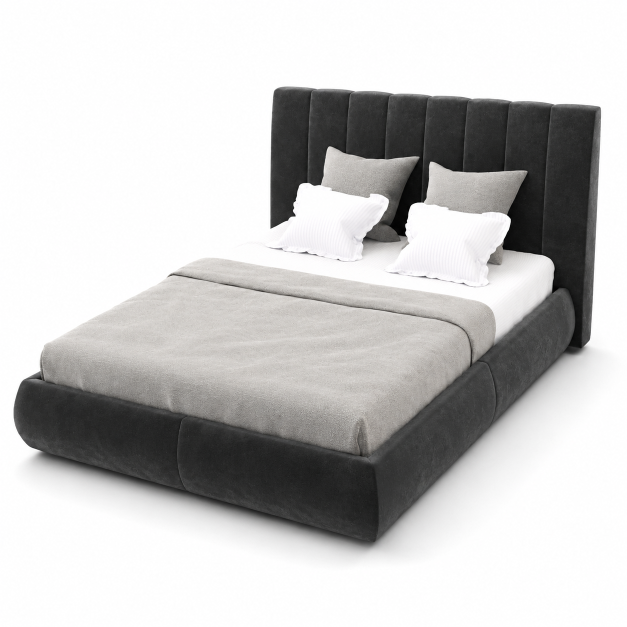 Charcoal Upholstered Bed – Vertical Channel Headboard 3D Model 3