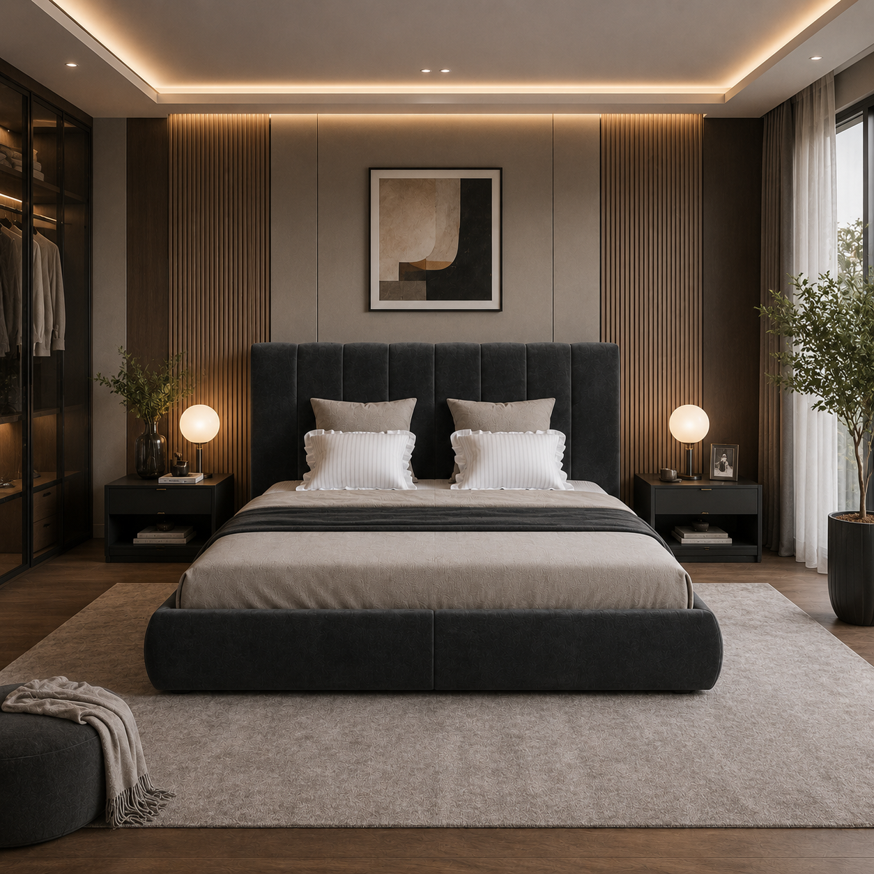 Charcoal Upholstered Bed – Vertical Channel Headboard 3D Model 4