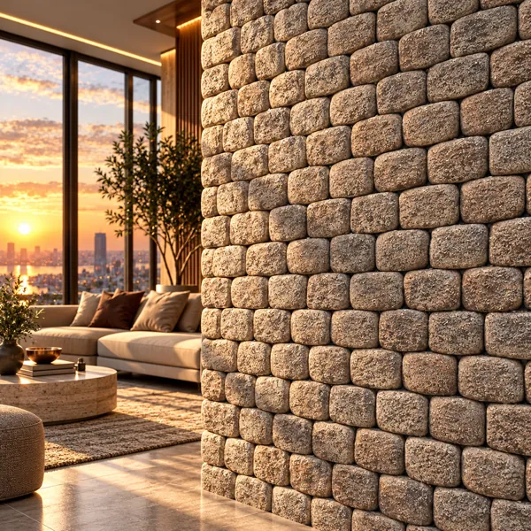 Weathered Taupe Rounded Square Stone Block Wall Texture back