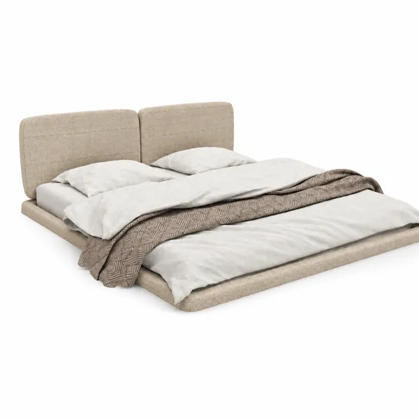Warm Beige Split-Panel Low Platform Bed 3D Model
