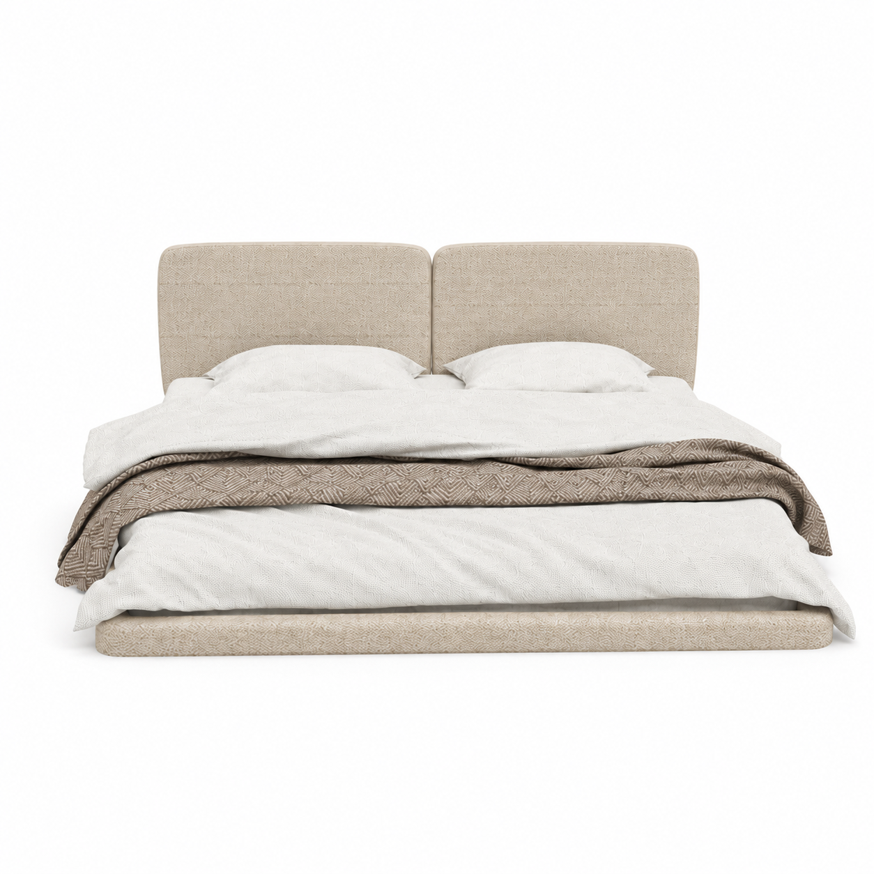 Warm Beige Split-Panel Low Platform Bed 3D Model 3