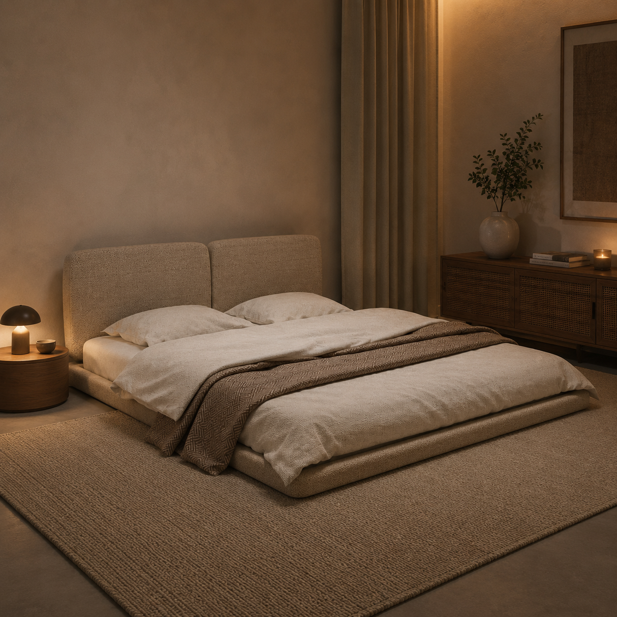 Warm Beige Split-Panel Low Platform Bed 3D Model 4