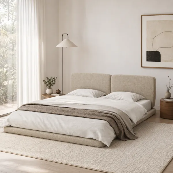 Warm Beige Split-Panel Low Platform Bed 3D Model back