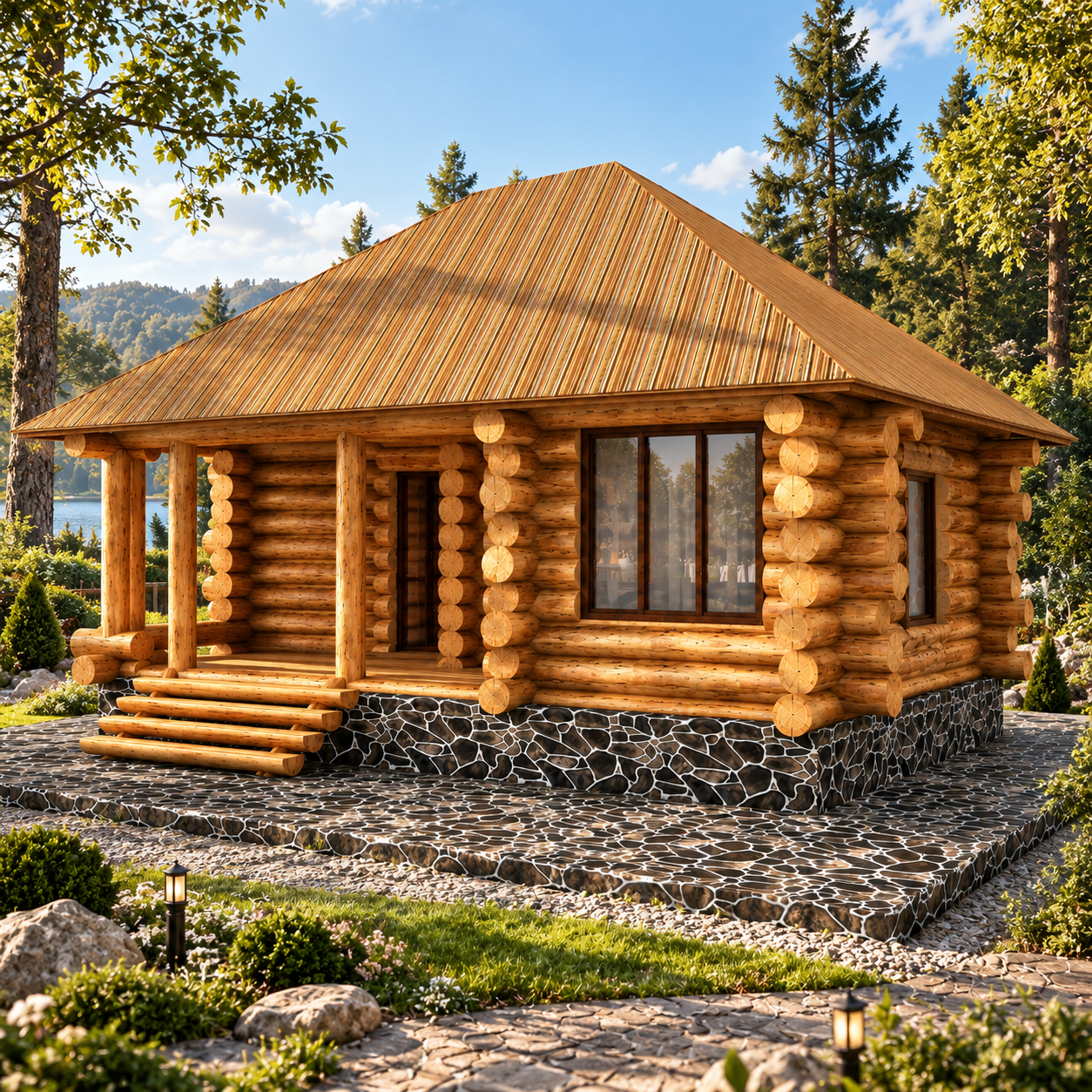 Rustic Log Cabin with Stone Base 3D Model 4