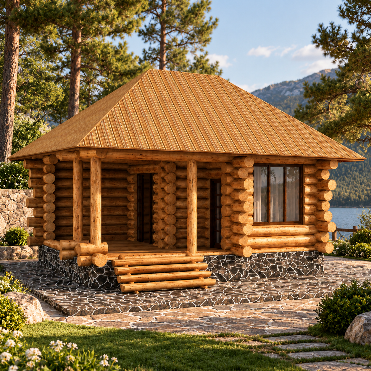 Rustic Log Cabin with Stone Base 3D Model 2