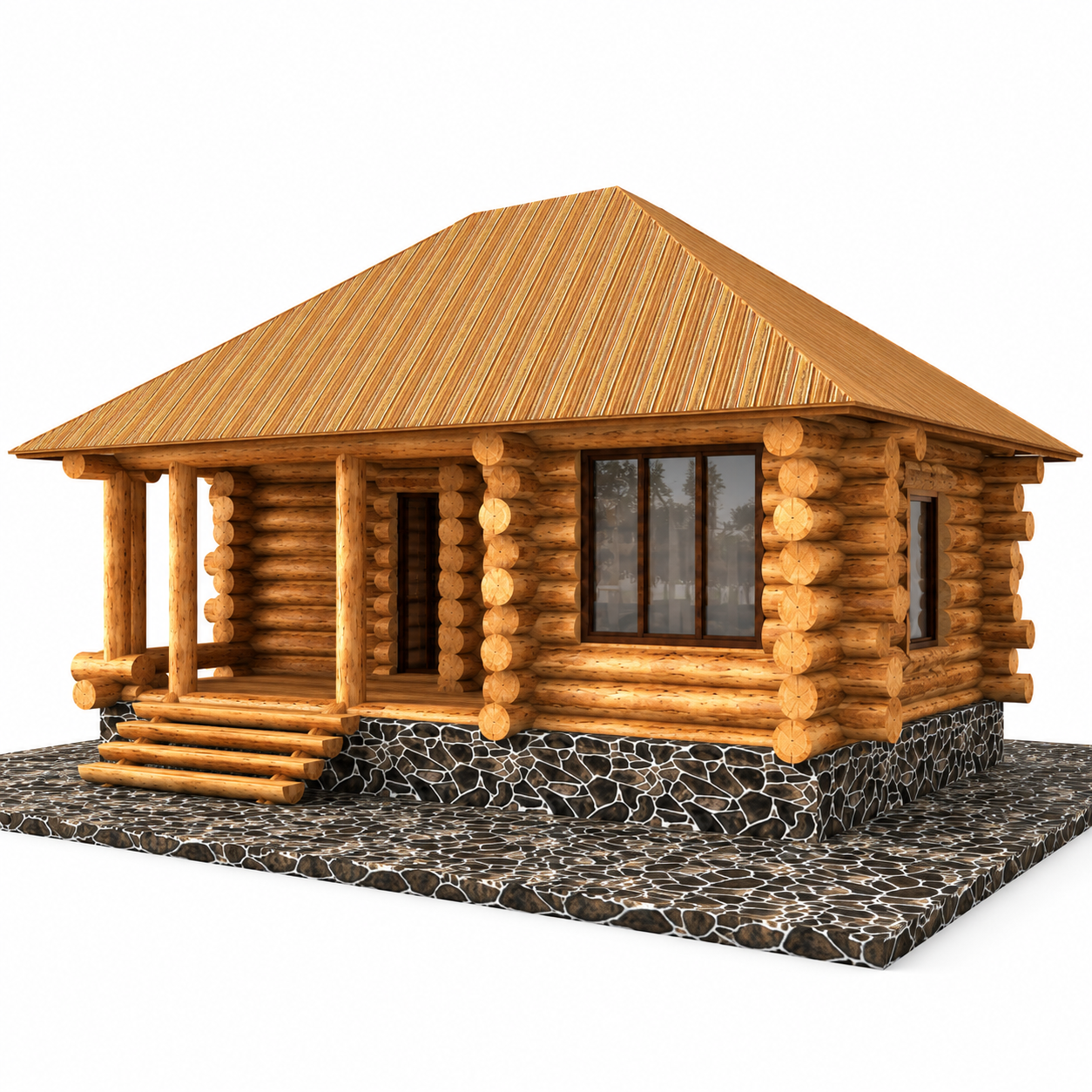 Rustic Log Cabin with Stone Base 3D Model 3