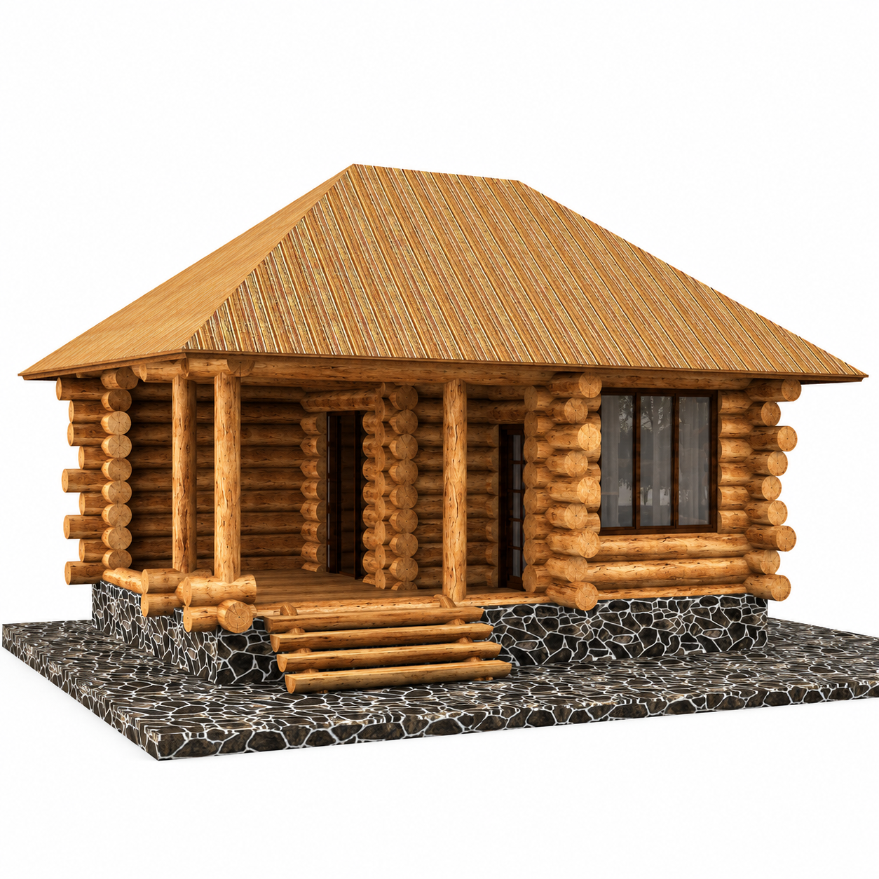Rustic Log Cabin with Stone Base 3D Model