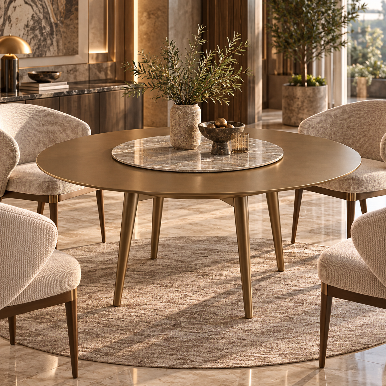 Bronze Round Dining Table with Marble Center 3D Model 4