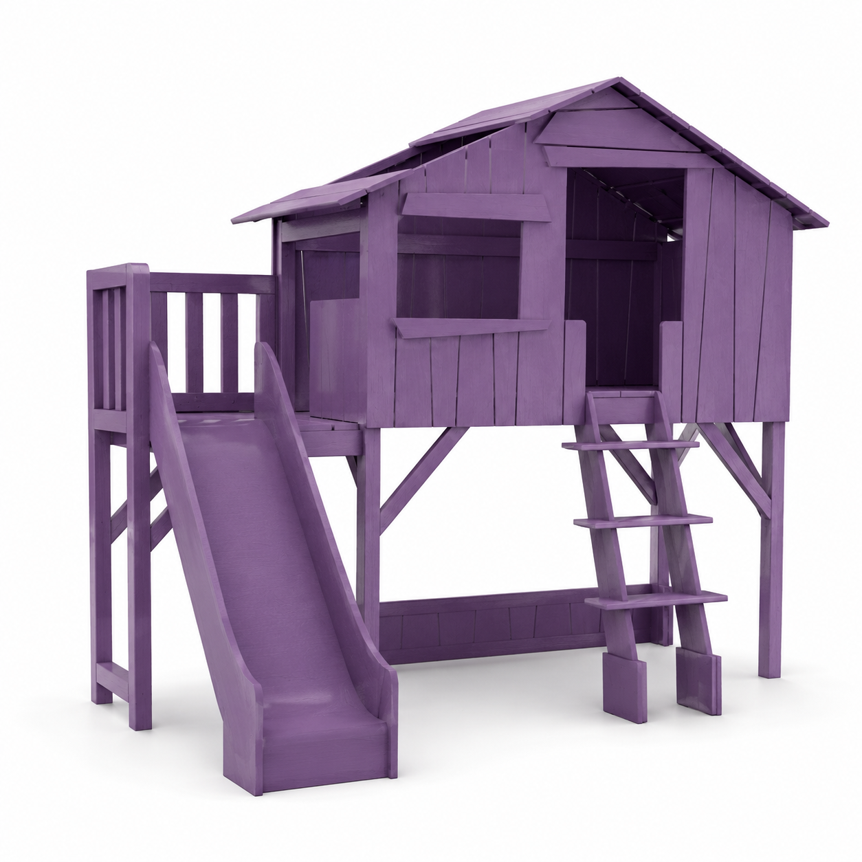Purple Wooden Loft House Bed with Slide & Ladder 3D Model 1