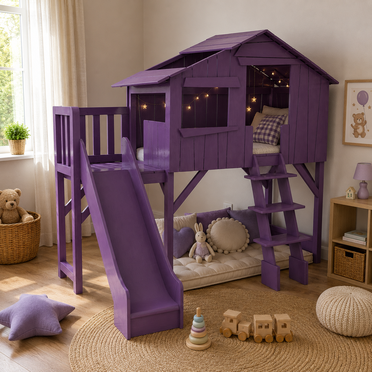 Purple Wooden Loft House Bed with Slide & Ladder 3D Model 2