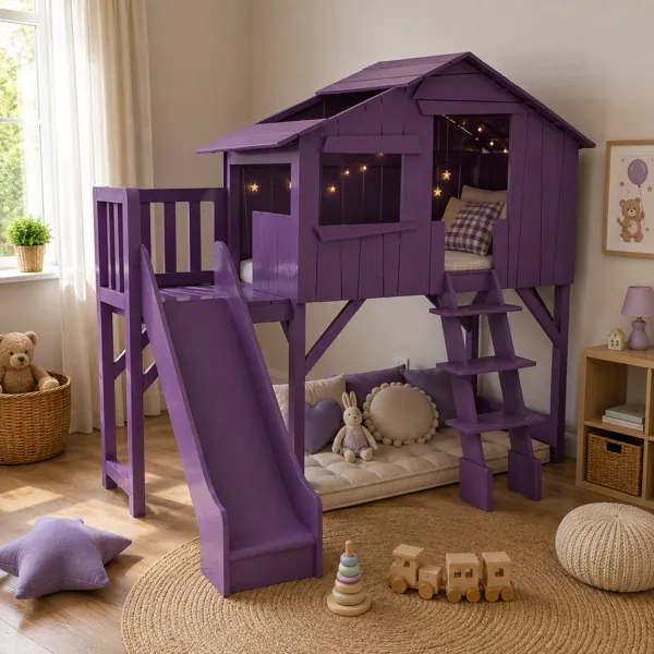 Purple Wooden Loft House Bed with Slide & Ladder 3D Model back