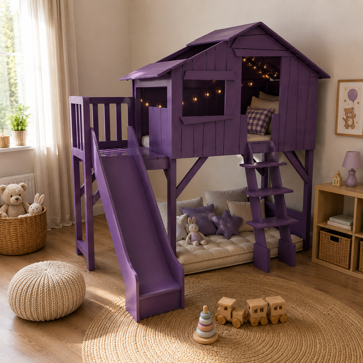 Purple Wooden Loft House Bed with Slide & Ladder 3D Model 3