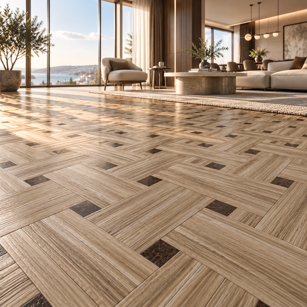 Pale Beige Oak Basket Weave Dark Inlay Parquet Texture 2