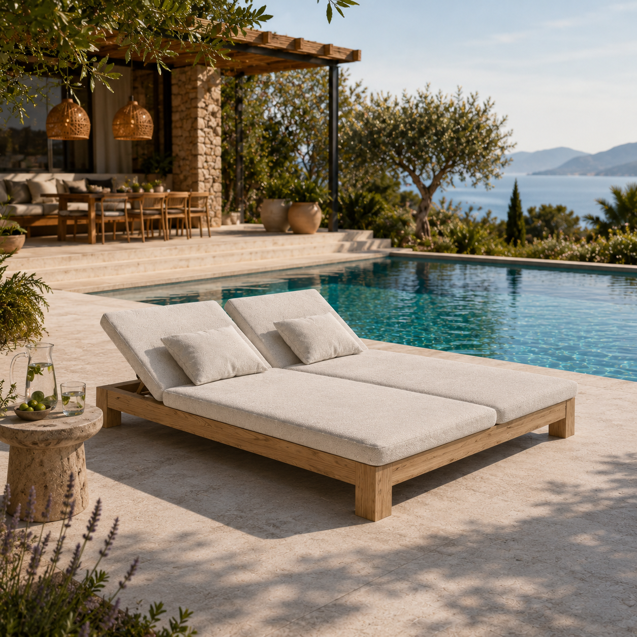 Beige Double Daybed – Natural Wood Frame and Twin Backrests 3D Model 4