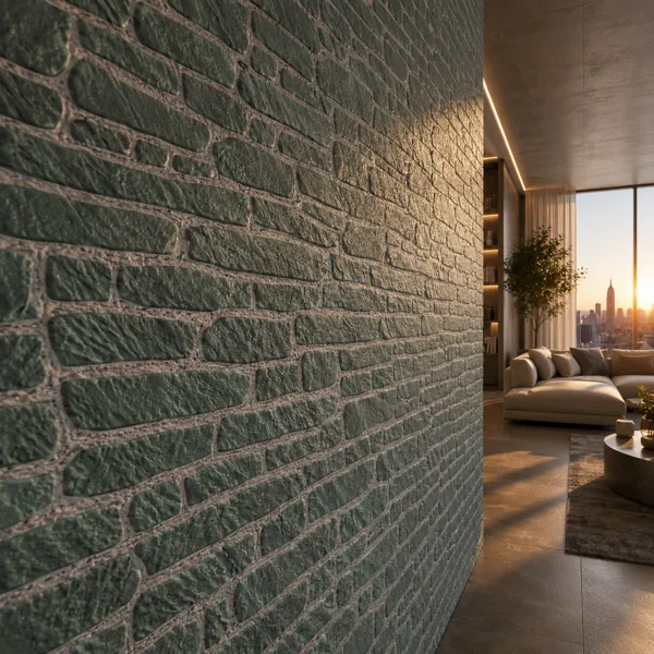 Muted Green Stone Wall Texture – Light Gray Mortar Texture back