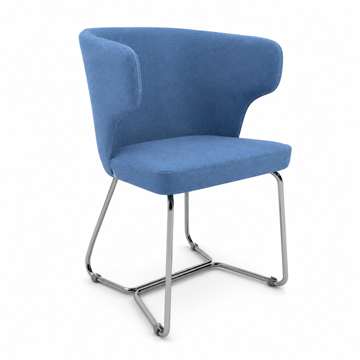Blue Upholstered Wingback Chrome Sled Chair 3D Model 1