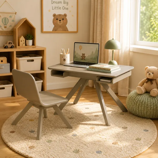 Taupe Kids Adjustable Desk – Tilt-Top Trestle Frame 3D Model back