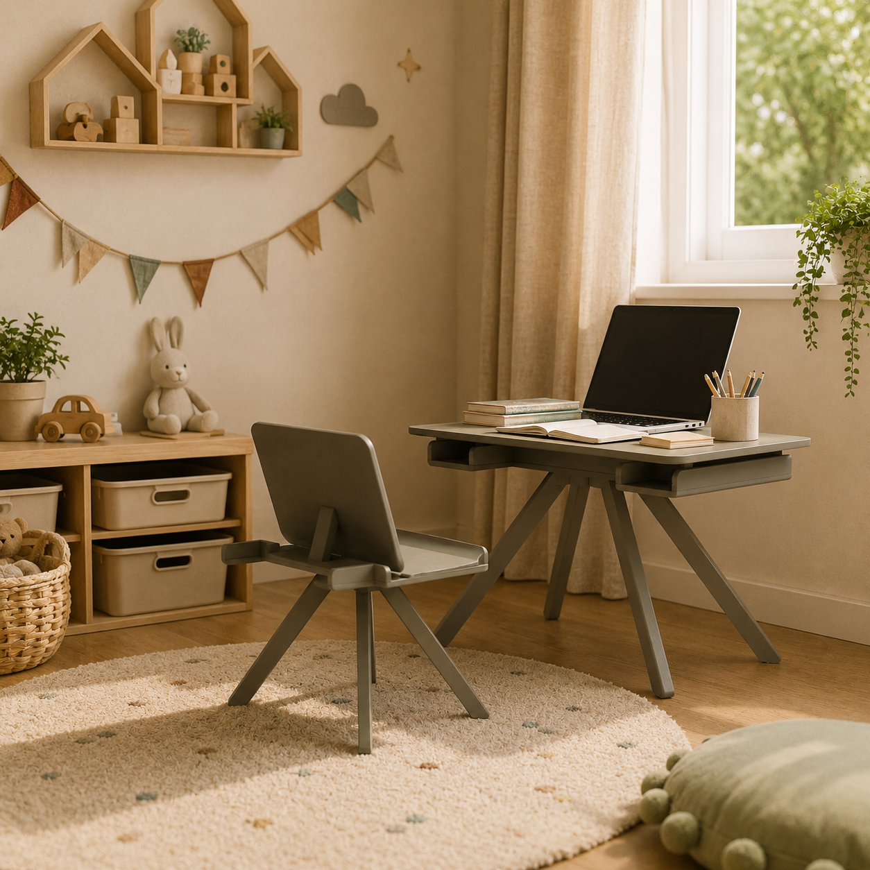 Taupe Kids Adjustable Desk – Tilt-Top Trestle Frame 3D Model 3