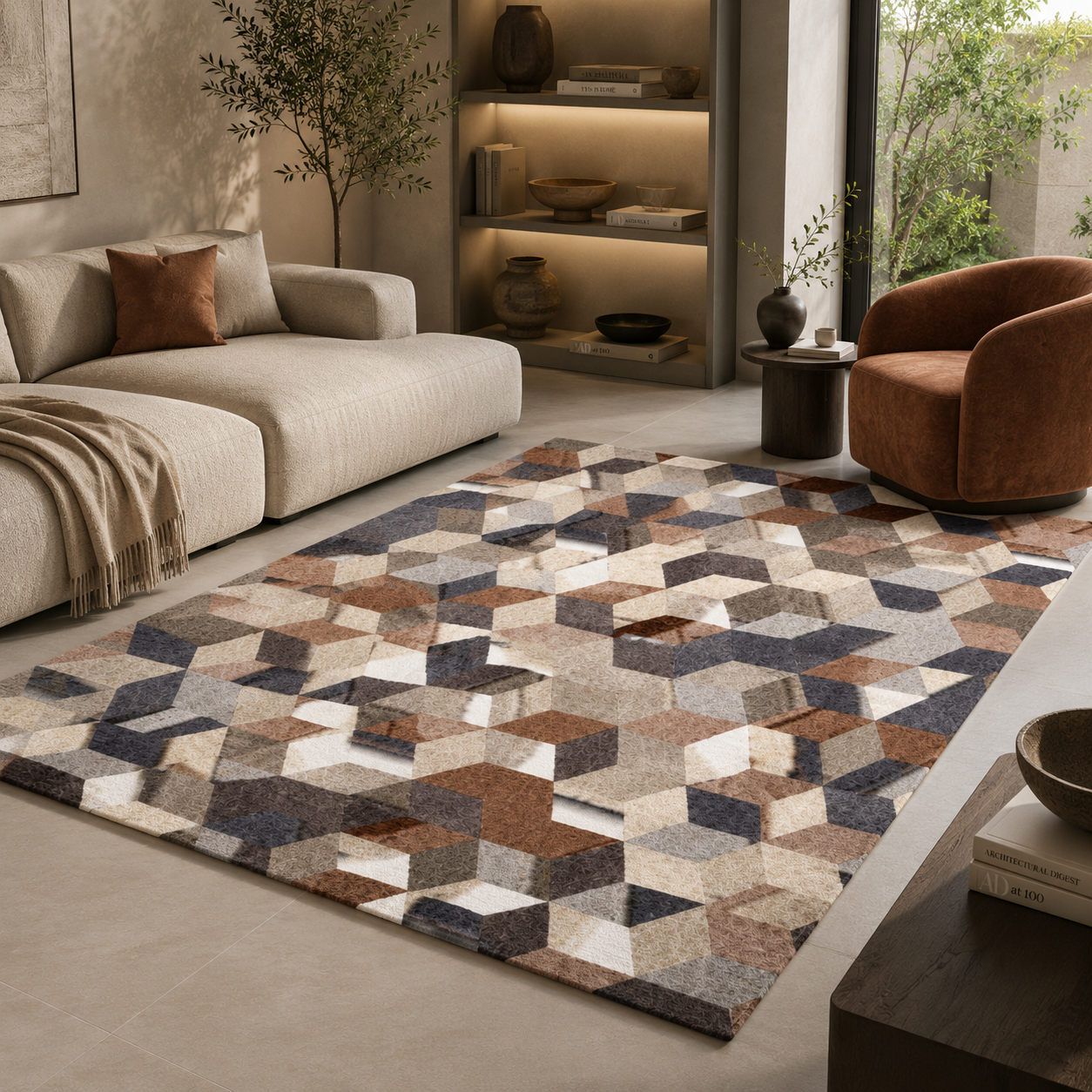 Geometric Cube Illusion Rug – Brown Beige Gray Tessellation 2