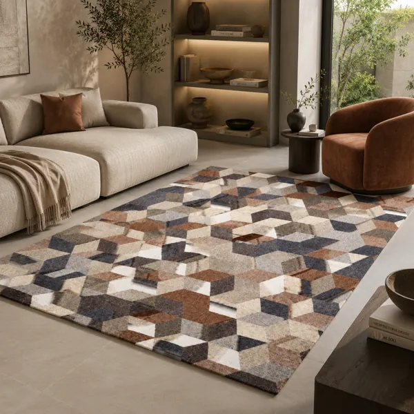 Geometric Cube Illusion Rug – Brown Beige Gray Tessellation back