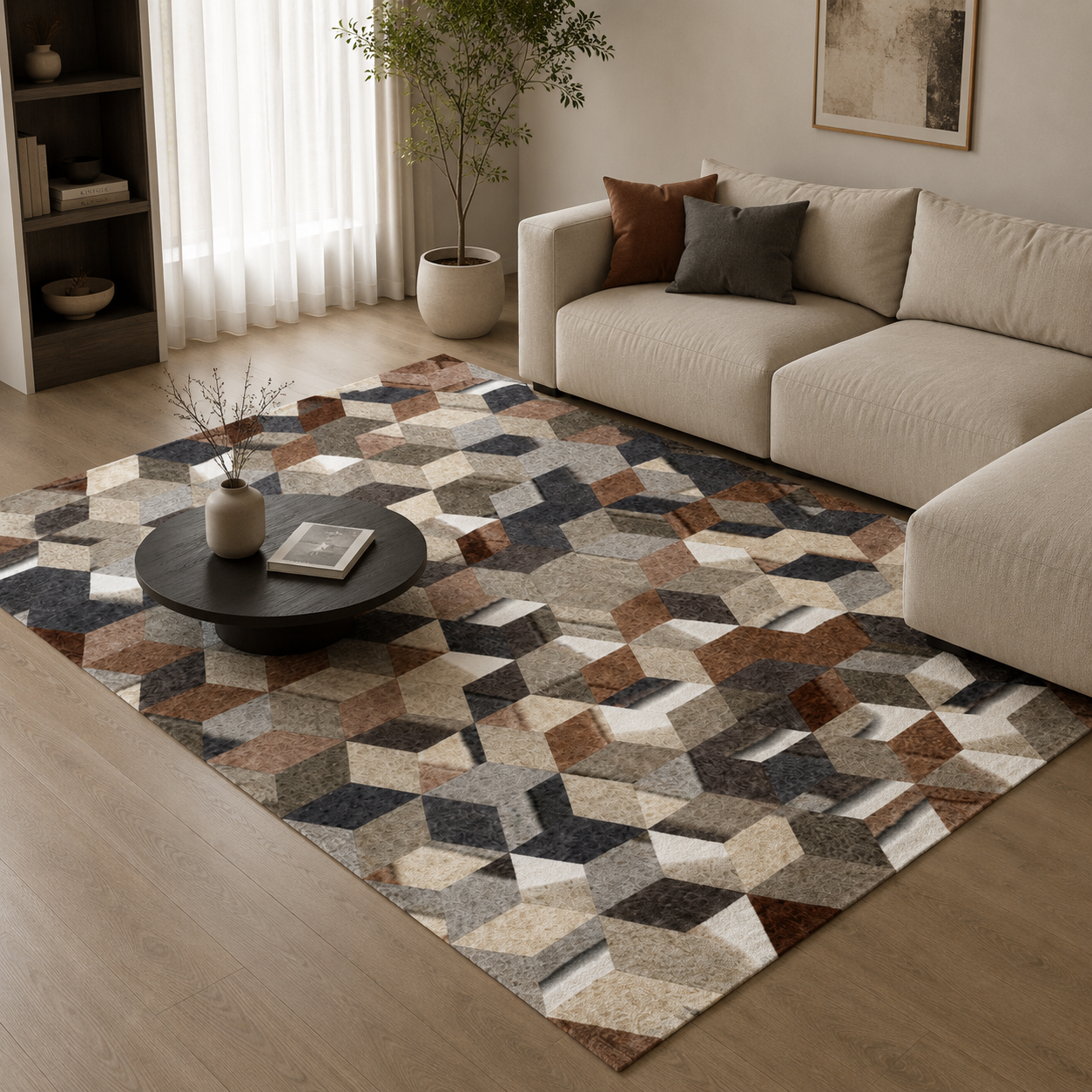 Geometric Cube Illusion Rug – Brown Beige Gray Tessellation 3