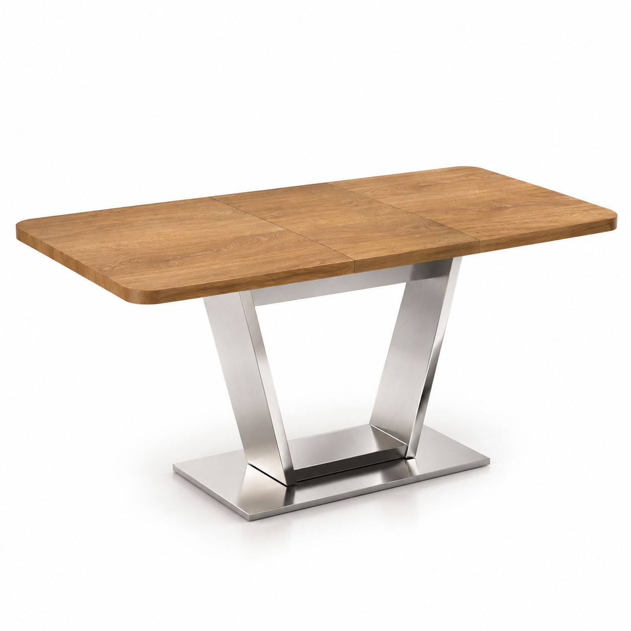Oak Wood Dining Table with Brushed Metal Pedestal 3D Model 1