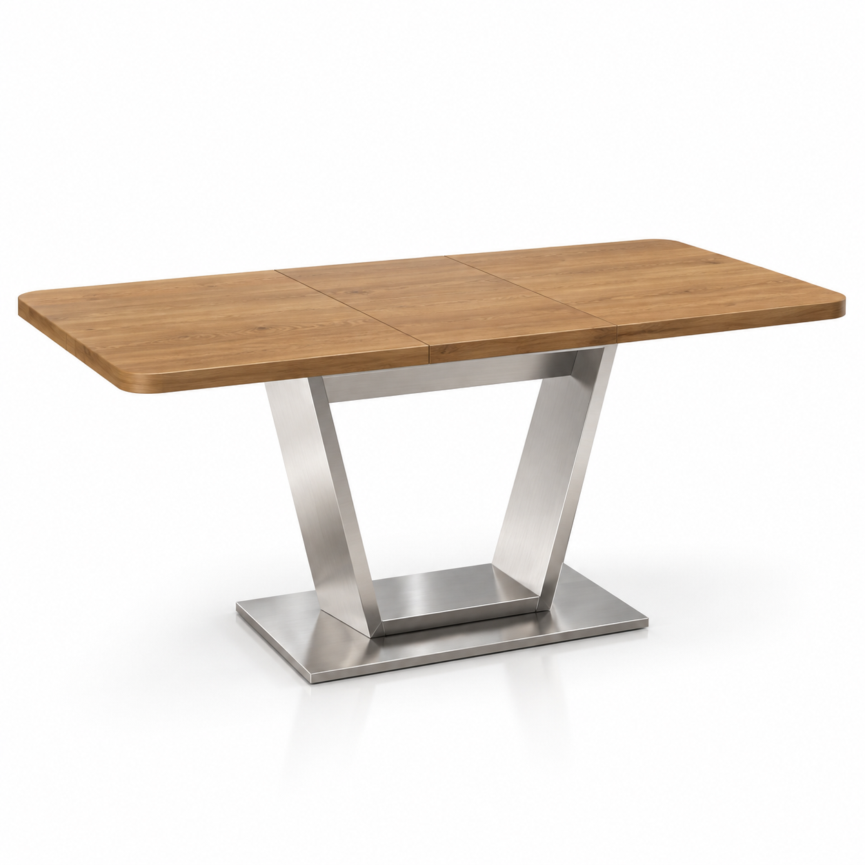 Oak Wood Dining Table with Brushed Metal Pedestal 3D Model 3
