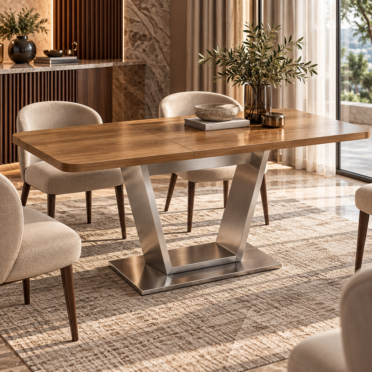 Oak Wood Dining Table with Brushed Metal Pedestal 3D Model 4