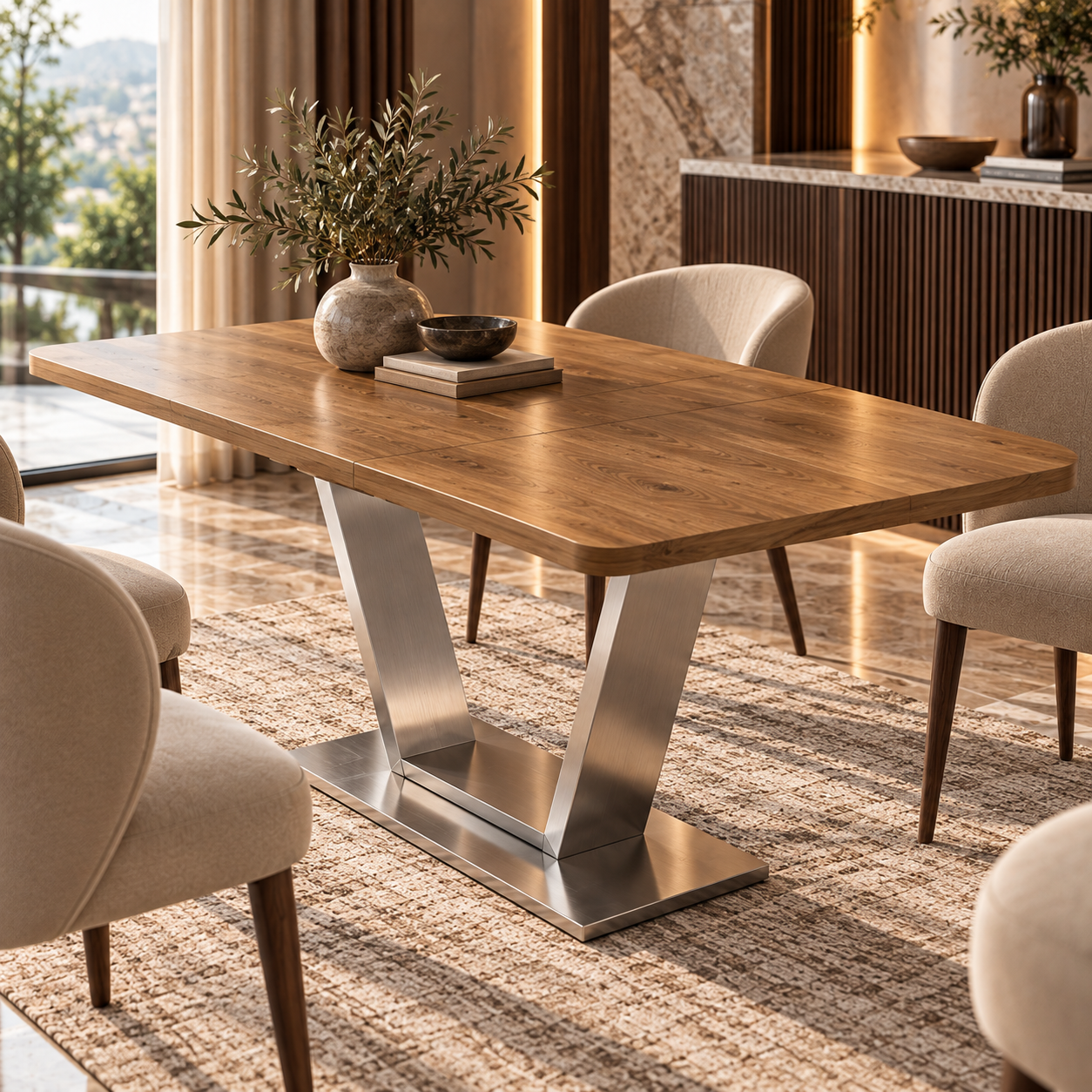 Oak Wood Dining Table with Brushed Metal Pedestal 3D Model 2