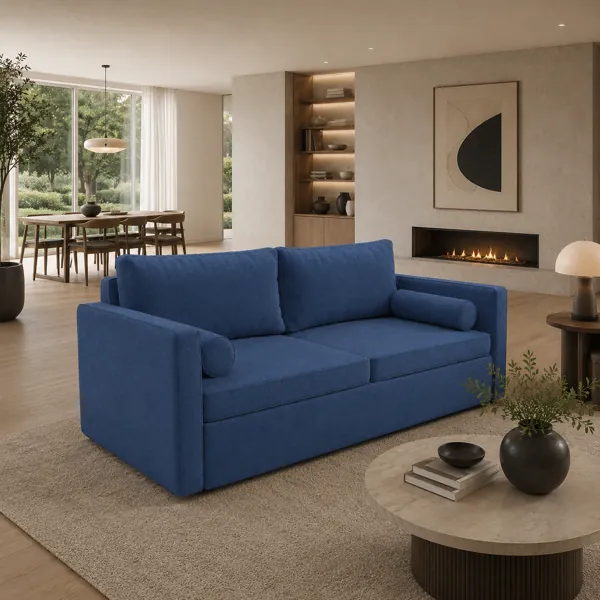 Dusty Blue Velvet Sofa – Twin Bolster Cushions 3D Model back