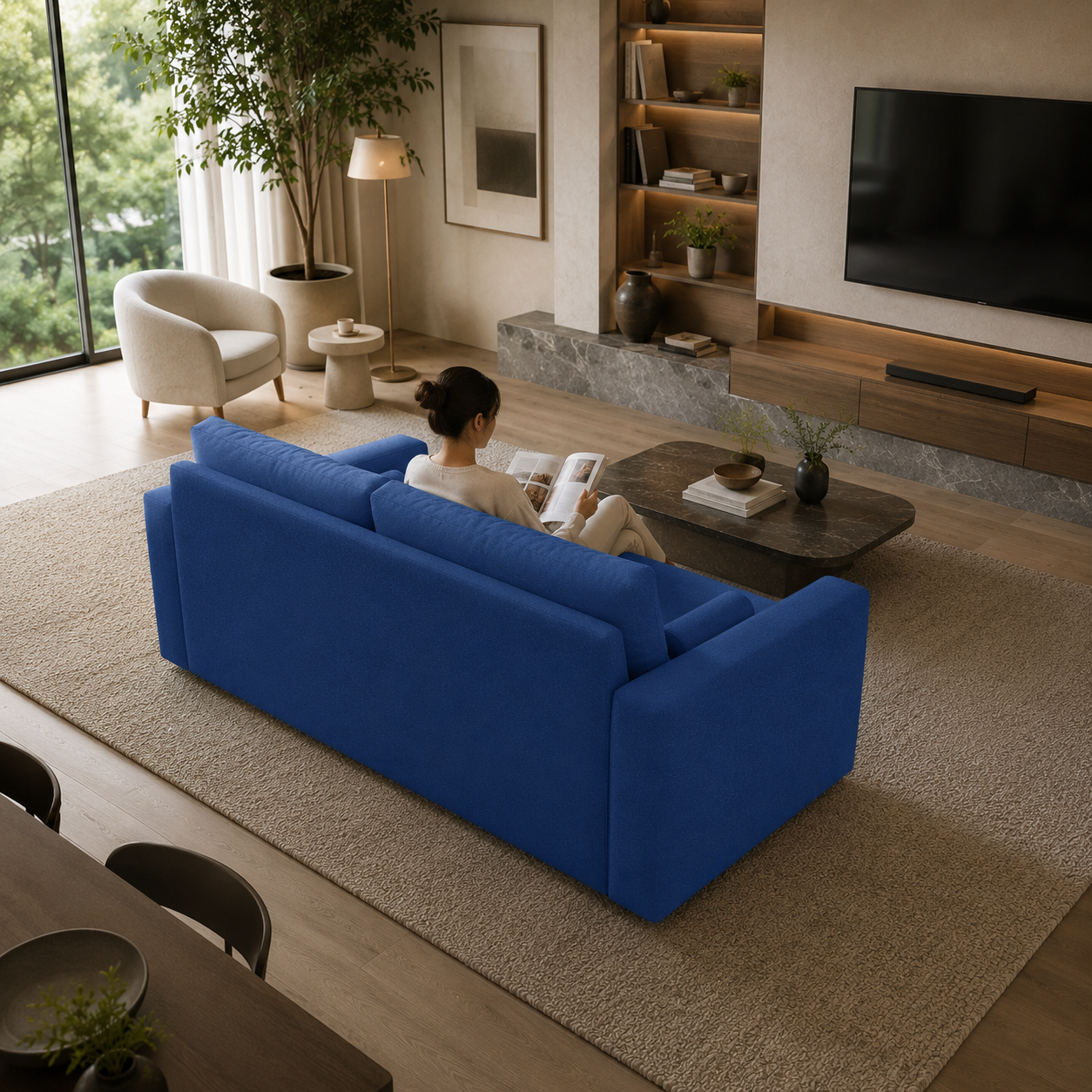Dusty Blue Velvet Sofa – Twin Bolster Cushions 3D Model 4