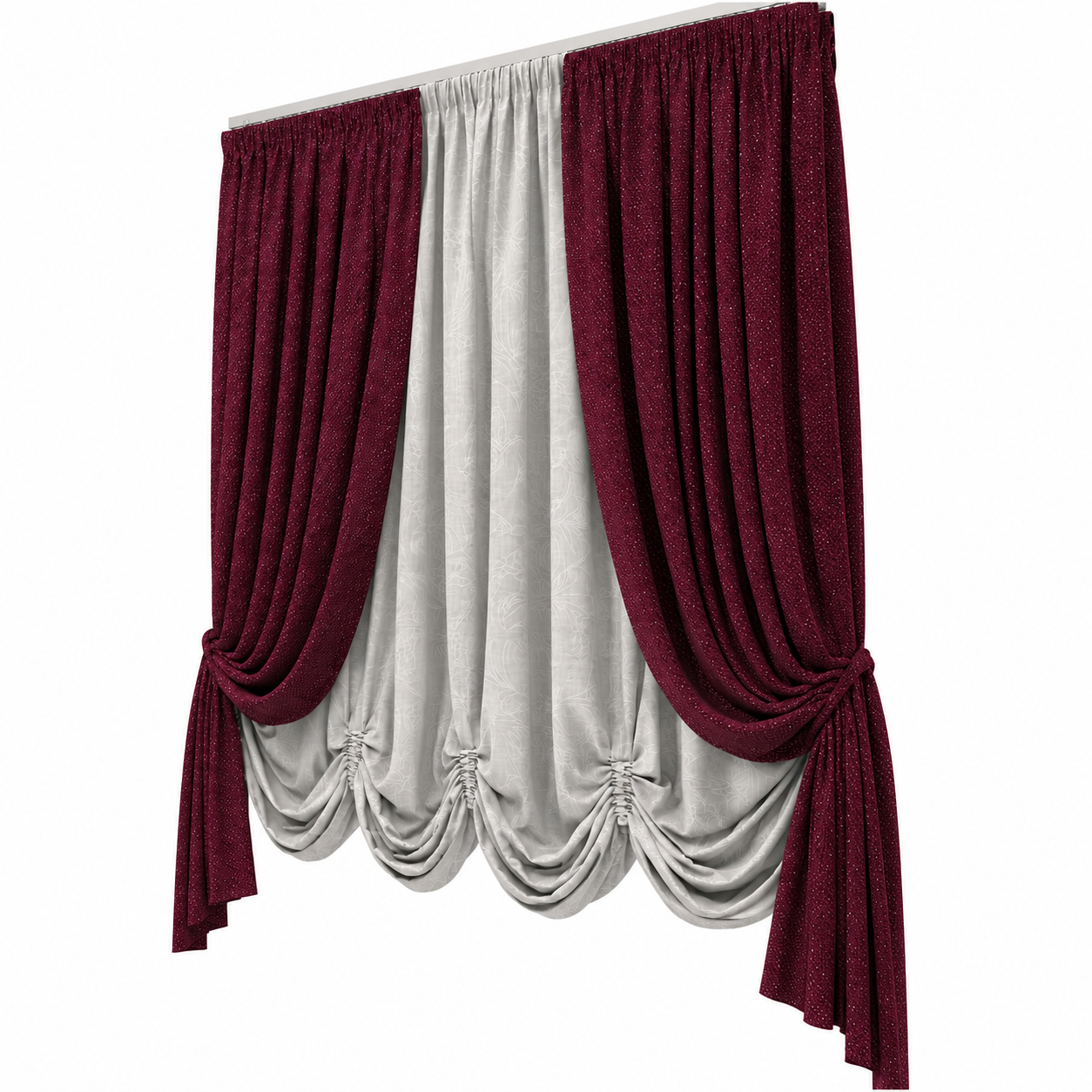 Burgundy Draped Curtain Set 3D Model 3