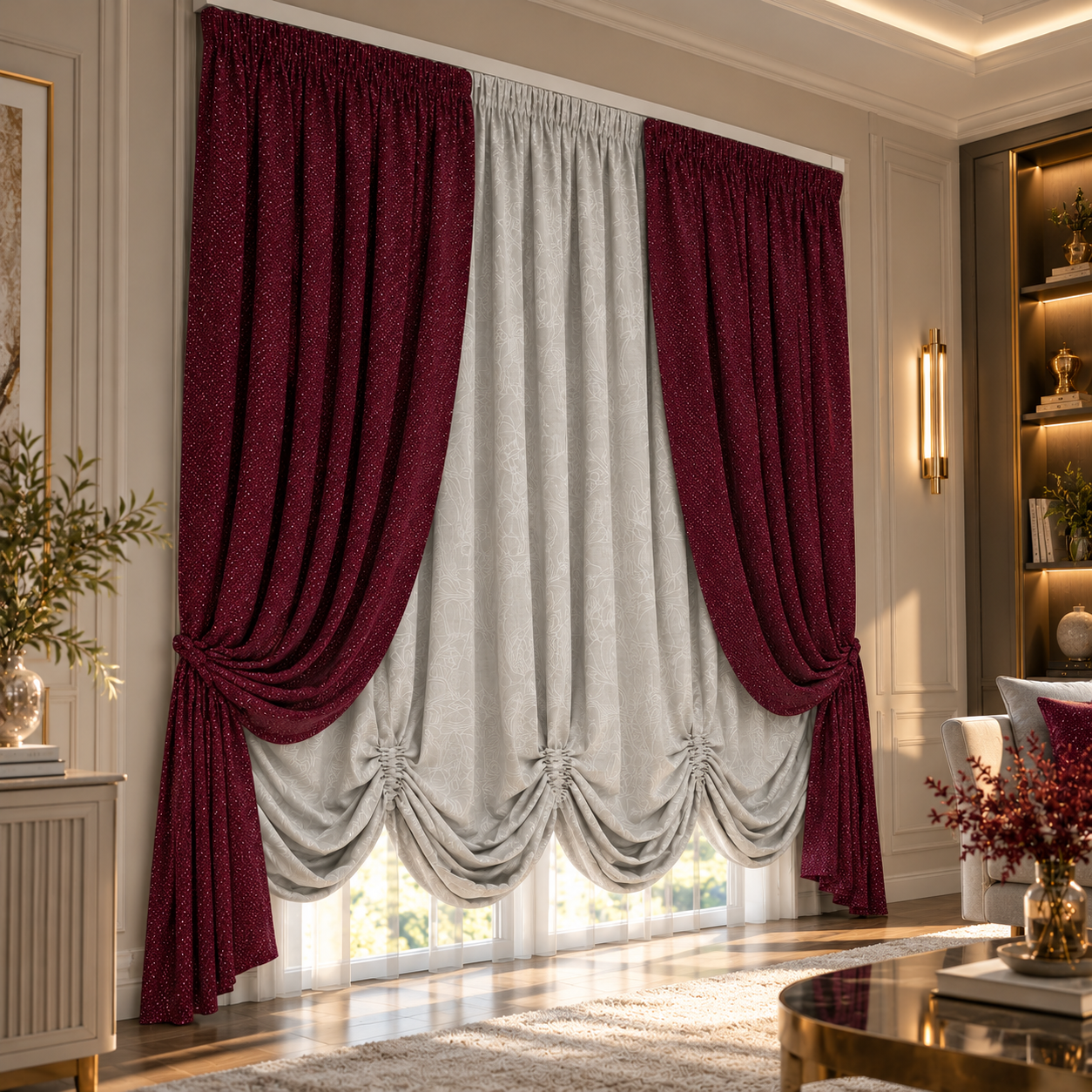 Burgundy Draped Curtain Set 3D Model 2